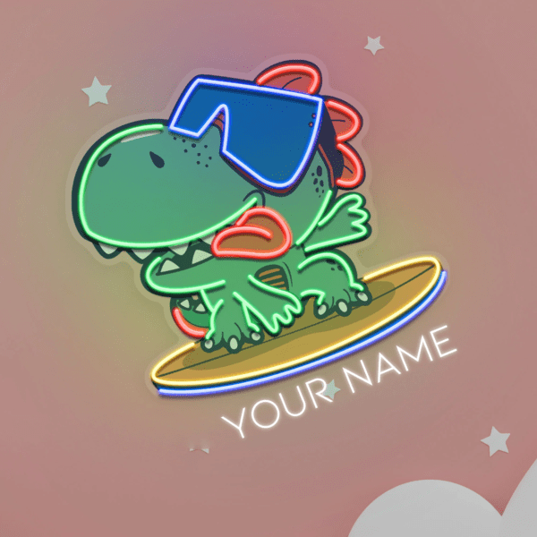 Custom Name Cute Cartoon Dinosaur Surfing On Artwork Led Neon Sign Light