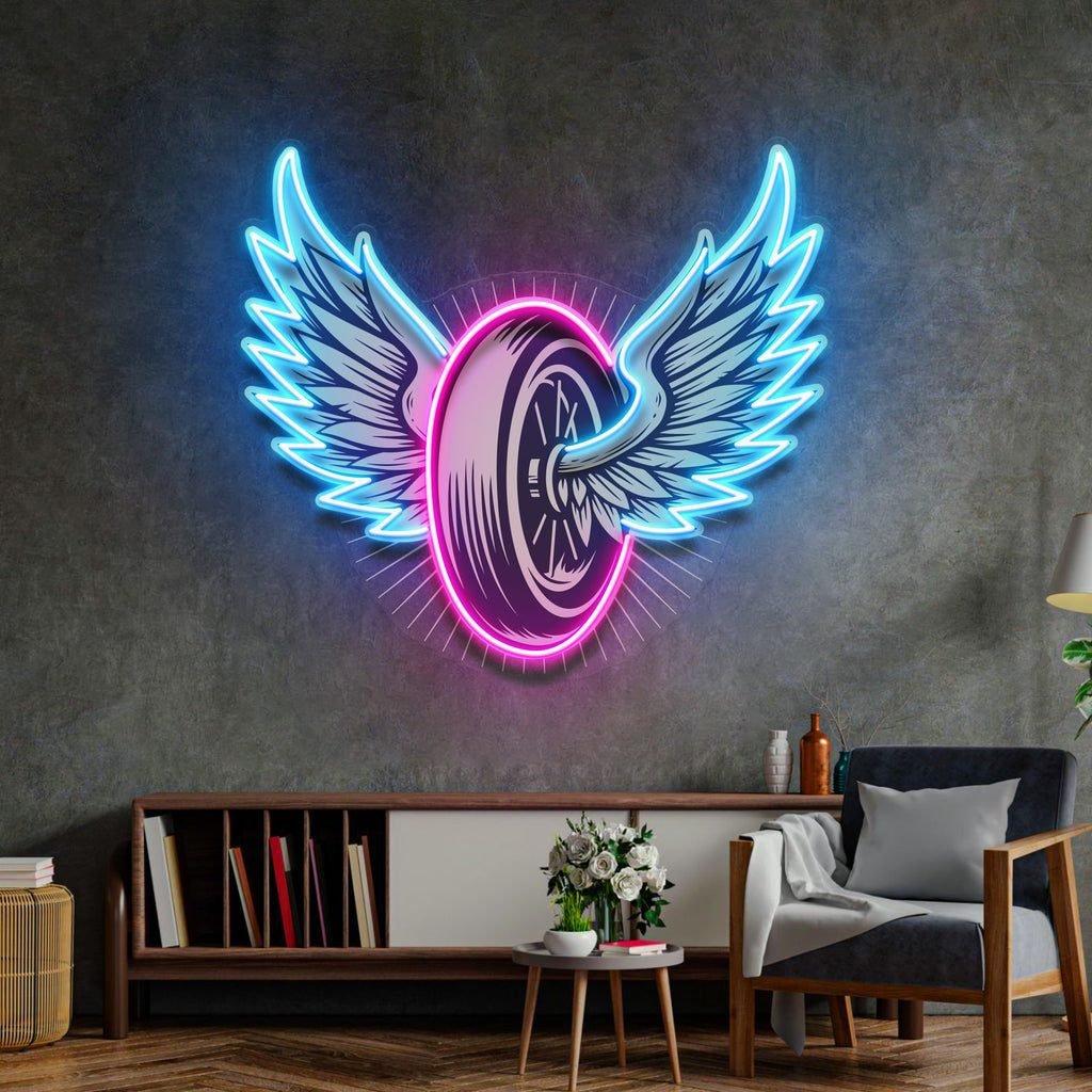 Vintage Biker Design With Winged Wheel LED Neon Sign Light Pop Art - Image 2