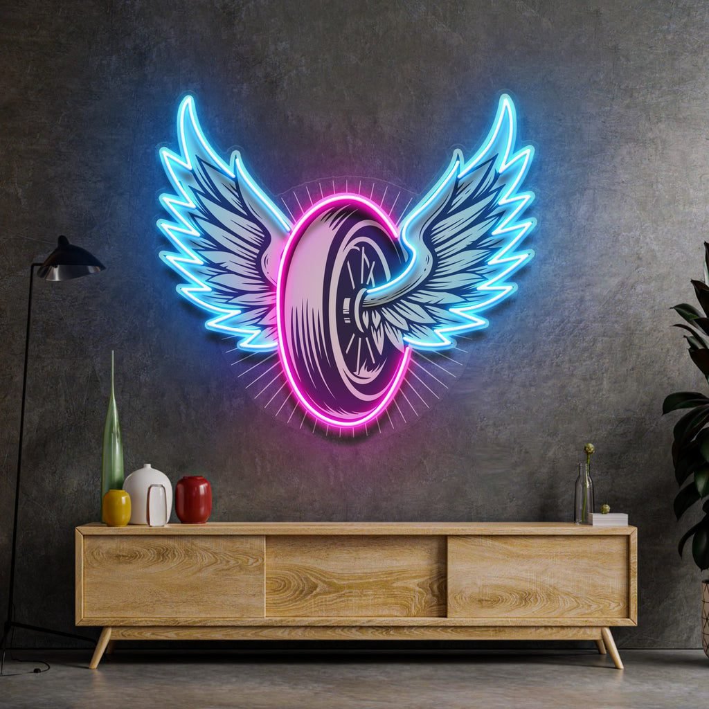 Vintage Biker Design With Winged Wheel LED Neon Sign Light Pop Art - Image 3