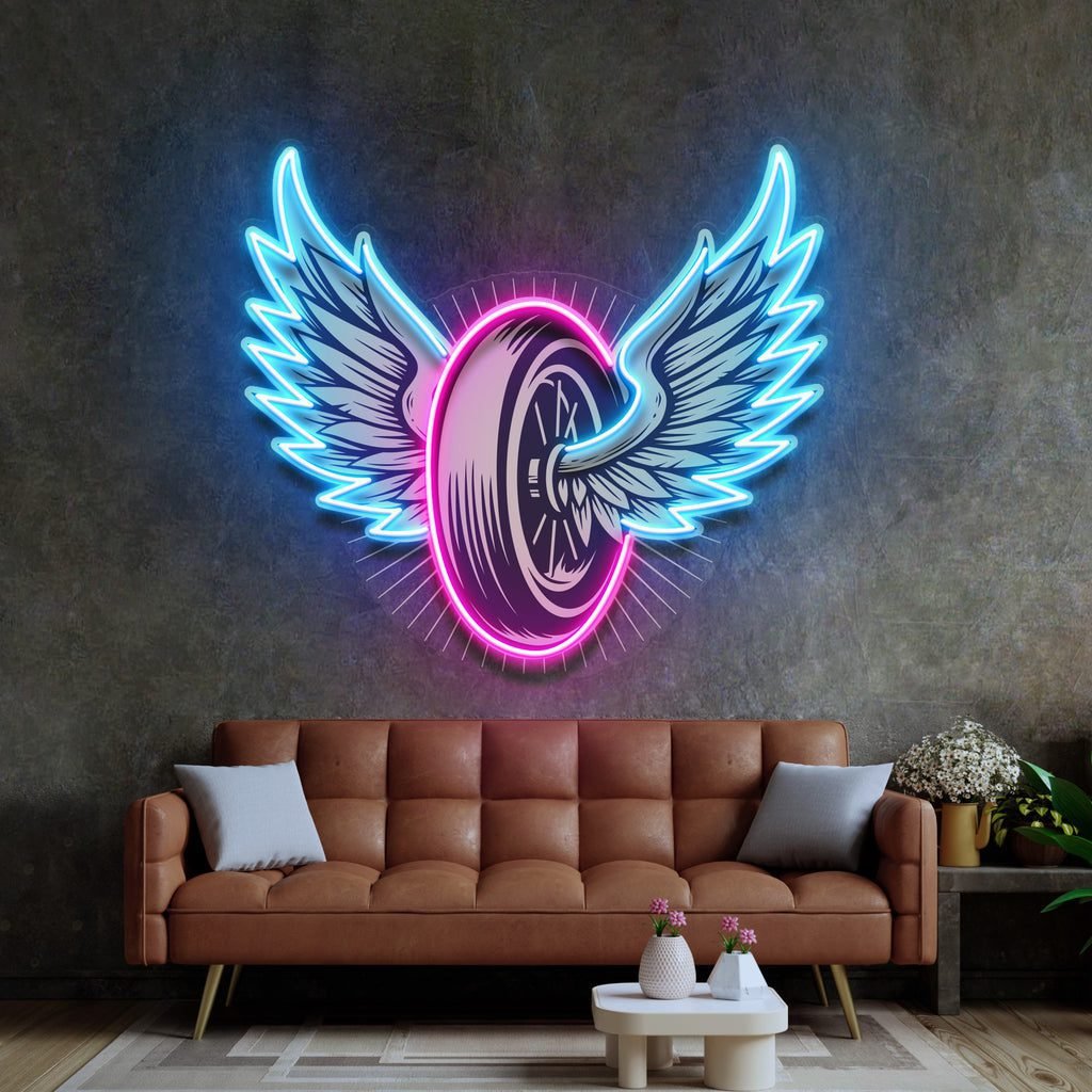 Vintage Biker Design With Winged Wheel LED Neon Sign Light Pop Art - Image 4